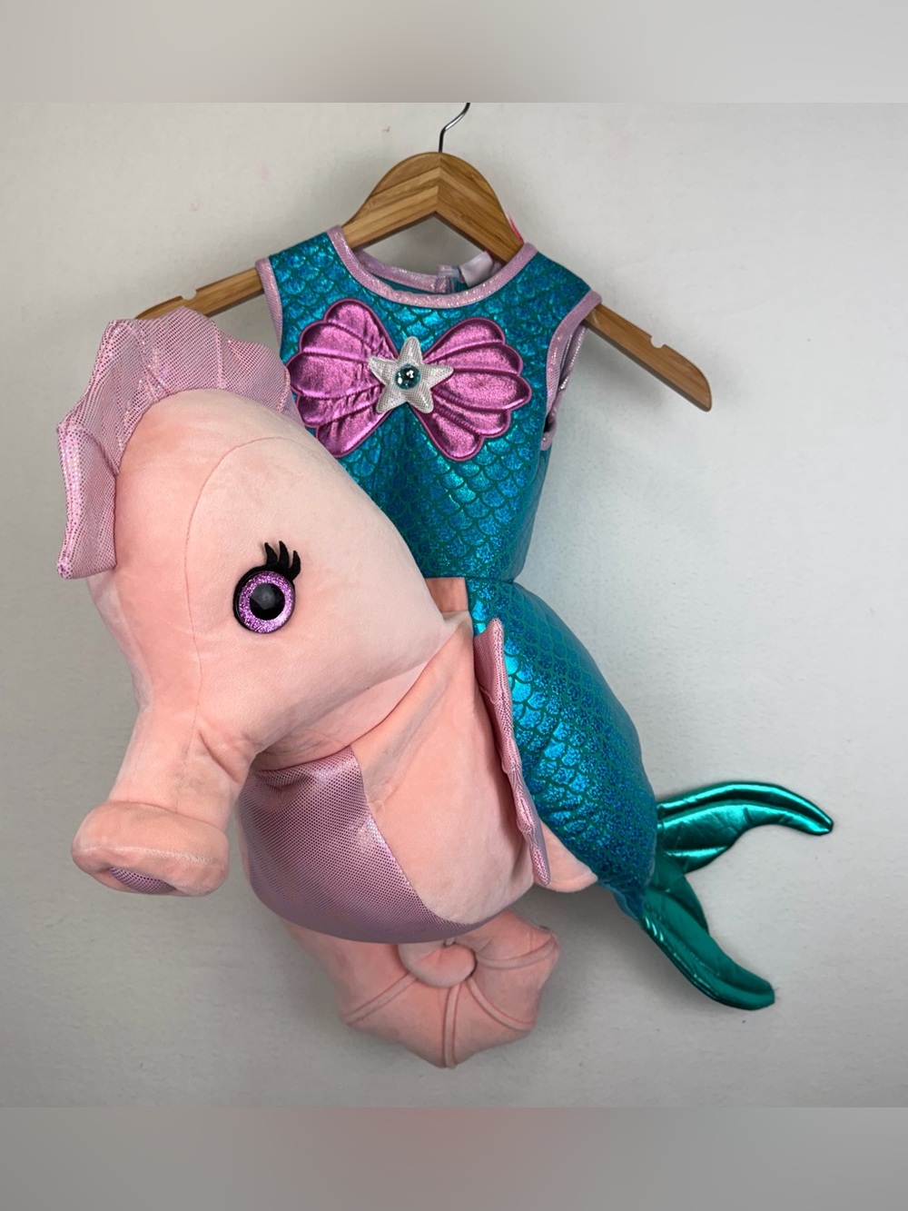 Mermaid Riding Seahorse Kids Plush 3D Costume 4T Pretend Play Dress Up Glitter